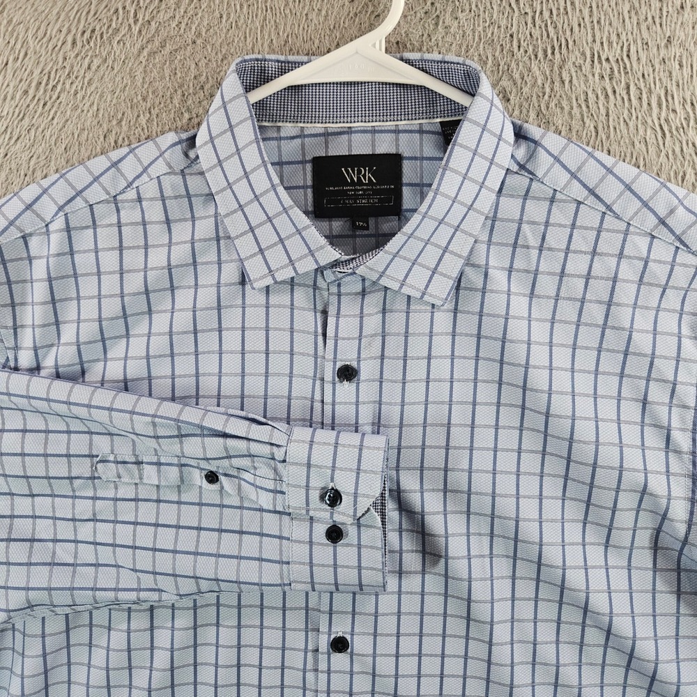 WRK Mens Blue White Grid 4 Way Stretch Long Sleeve Button Down Shirt 17.5 XL